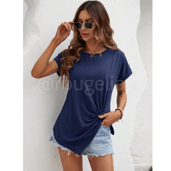 Twist Detail Blue Tee Shirt Short Sleeve Round Neck - Picture 3 of 13